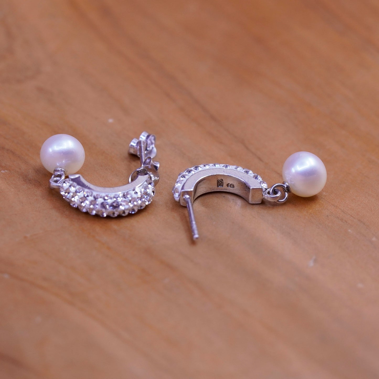 Vintage Sterling silver handmade earrings, 925 Huggie hoops cluster cz pearl