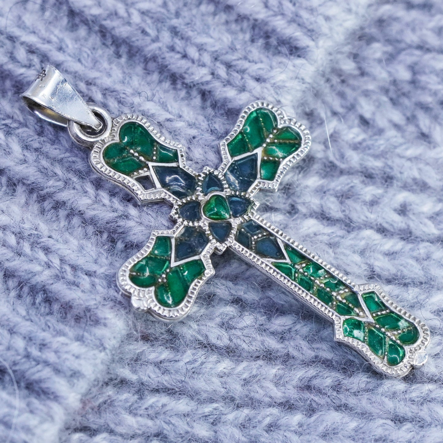 antique sterling 925 silver enamel cross pendant with green enamel