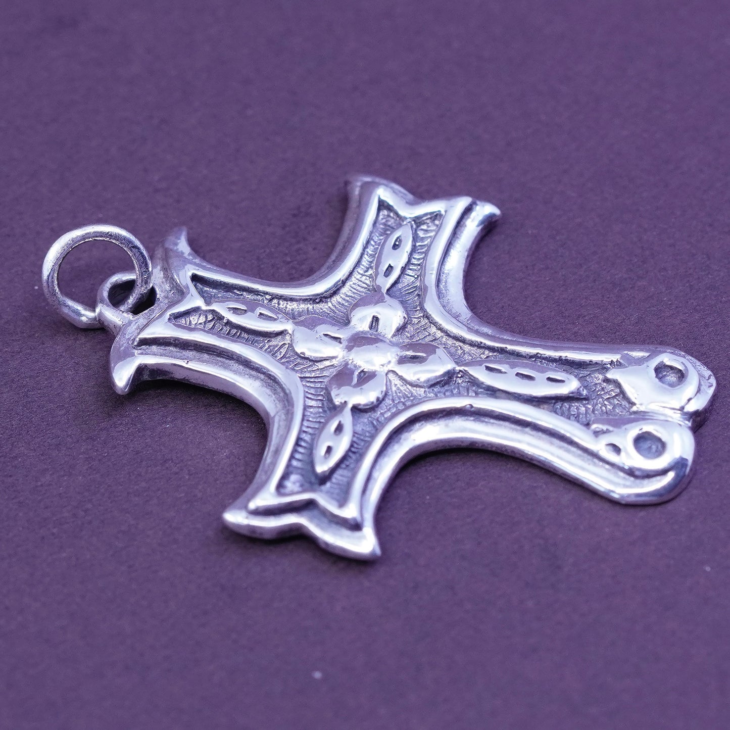 Vintage Sterling silver handmade pendant, big solid 925 embossed flower cross