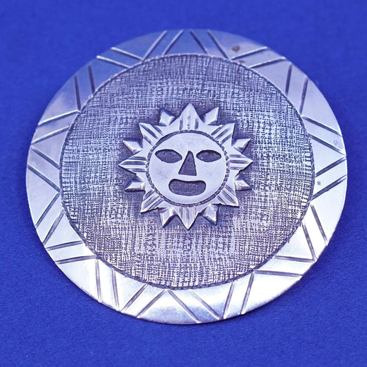 Sterling silver sunface Pendant pin, 925 Mayan Face Aztec Mexico Mask brooch