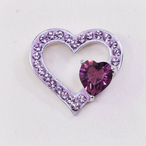 Vintage AU Sterling Silver Heart Pendant, 925 Silver With Pink Cz, Stamped 925