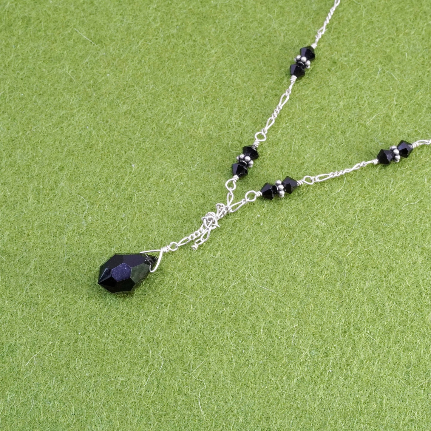 16+3”, sweater Sterling silver necklace, 925 figaro chain with obsidian beads