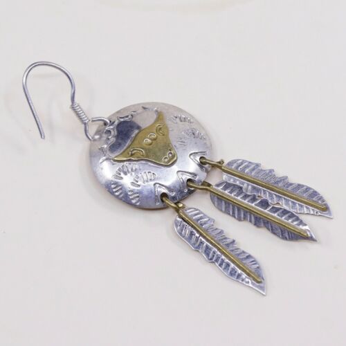 Vtg two tone handmade Sterling 925 Silver Earrings W/ Ox N Feather Dangles