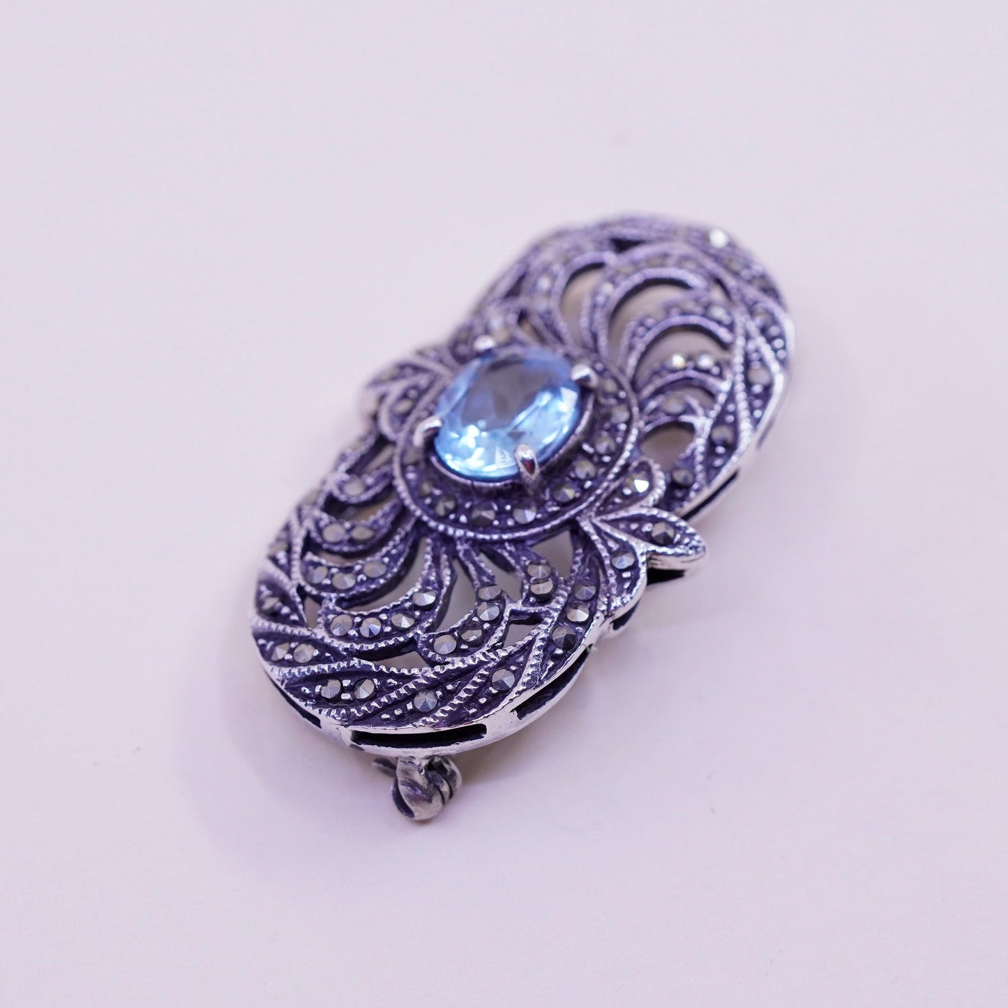 Vintage Sterling 925 silver handmade filigree brooch with topaz and marcasite