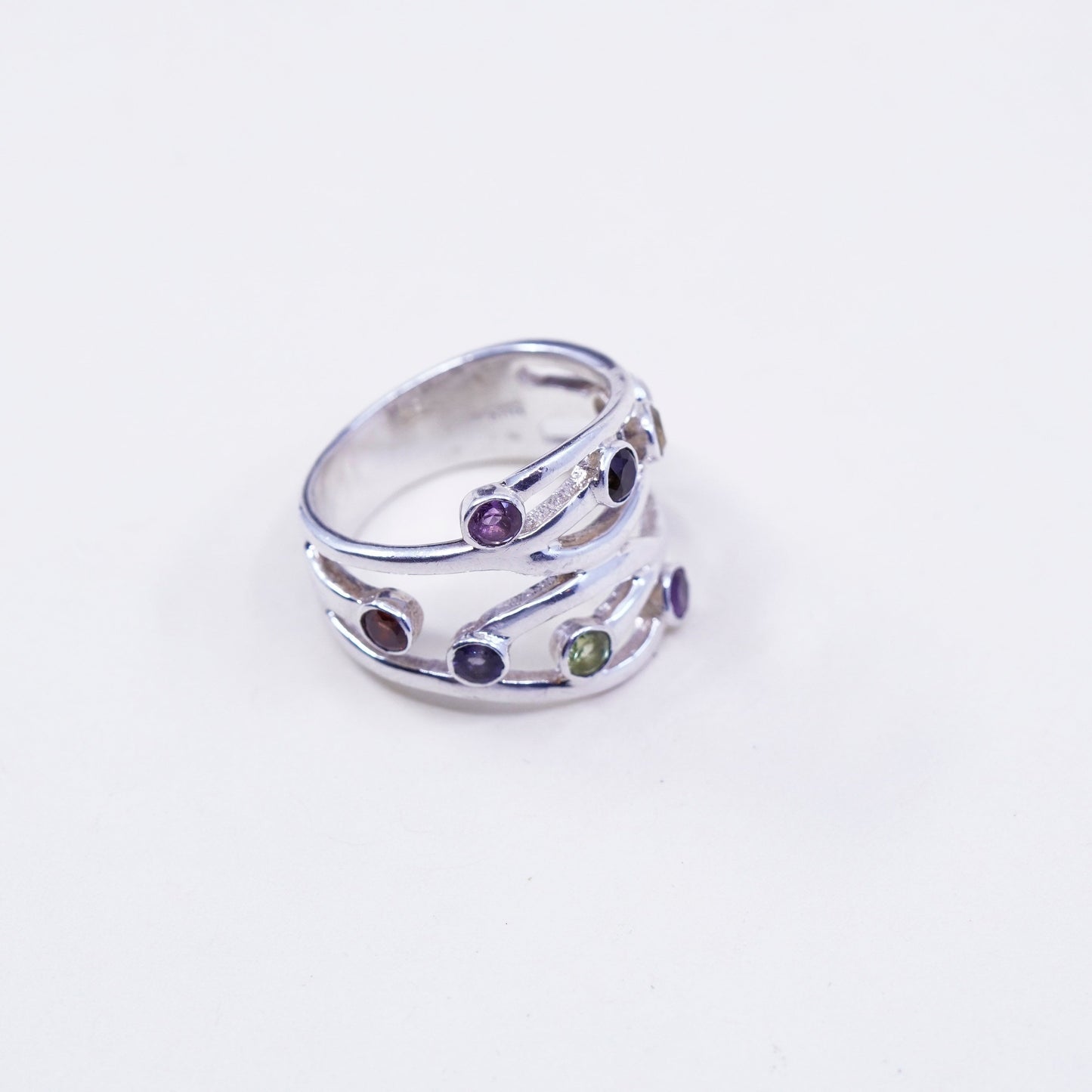 Size 8, AHM sterling 925 silver handmade wavy ring topaz, citrine, peridot ruby