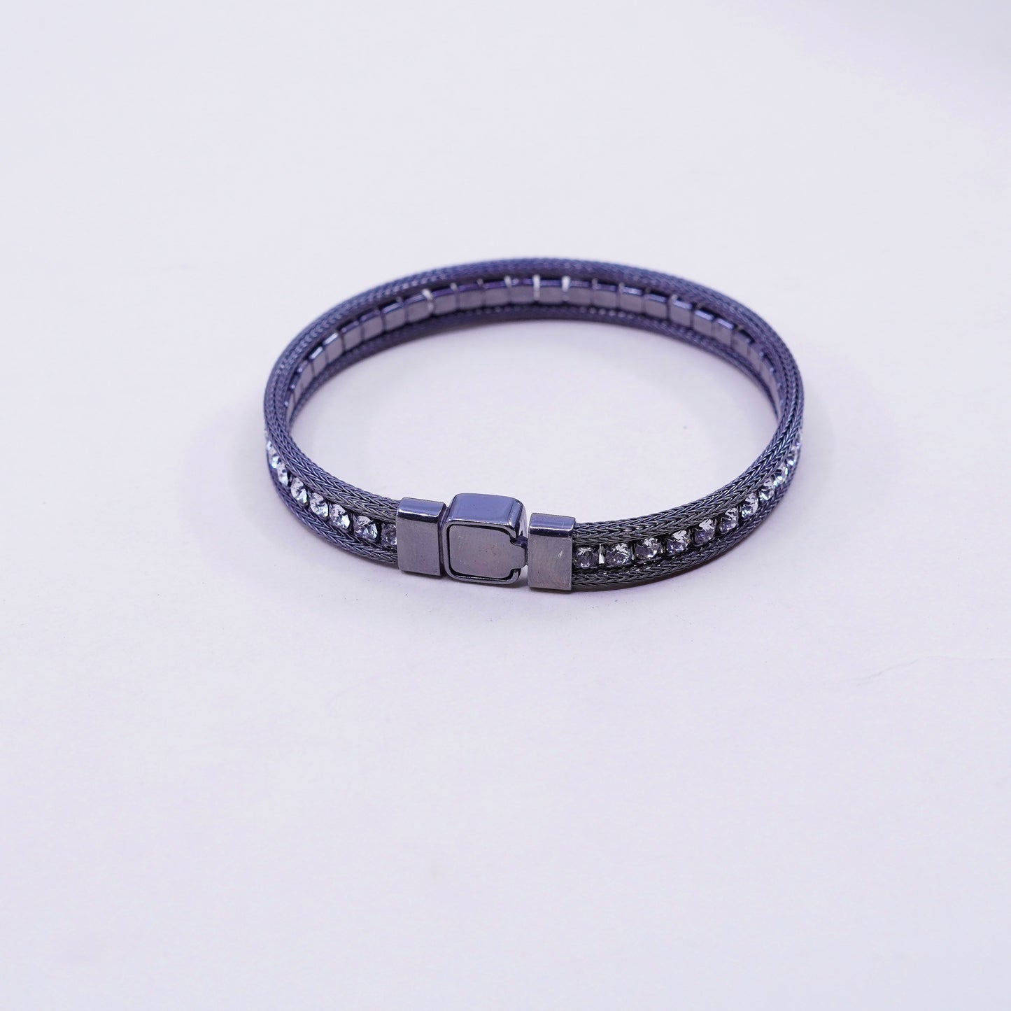 6.75”, vtg Italy sterling silver bracelet, oxidized 925 double wheat chain cz