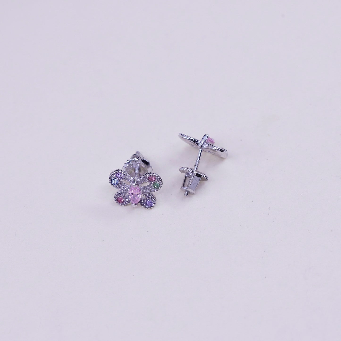 Vintage sterling silver earrings, 925 butterfly studs with pink quartz