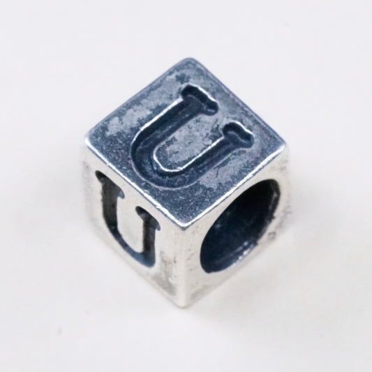vtg sterling silver handmade pendant, 925 cube bead charm embossed initial U