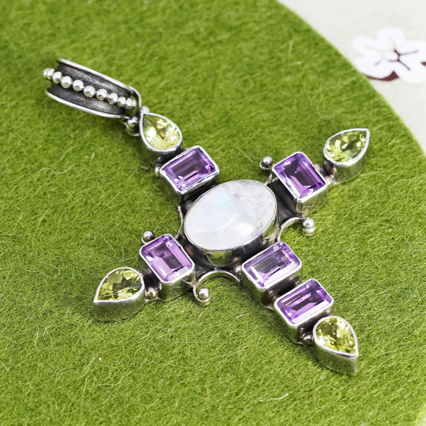 Vintage Sterling 925 silver handmade pendant with moonstone amethyst peridot