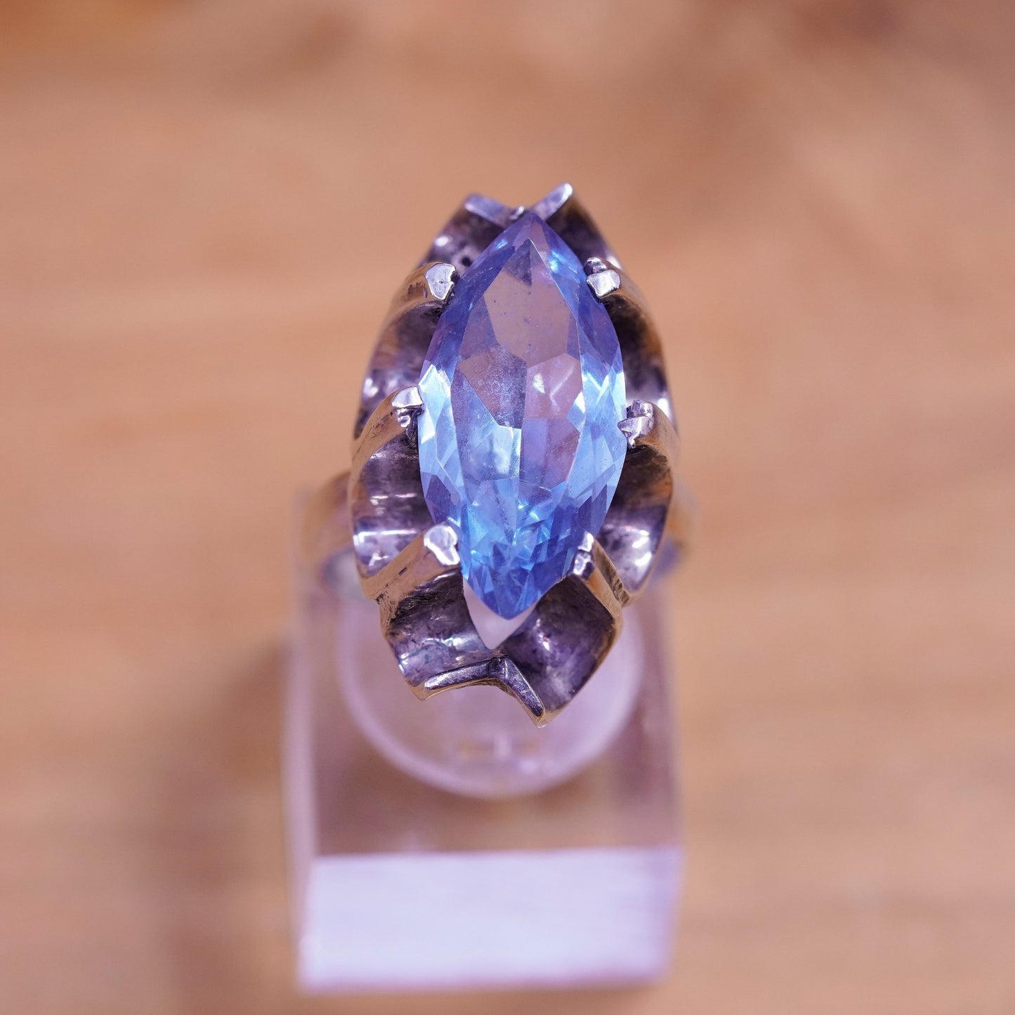 Size 7.25, Vintage Sterling 925 silver handmade flower crown ring blue quartz