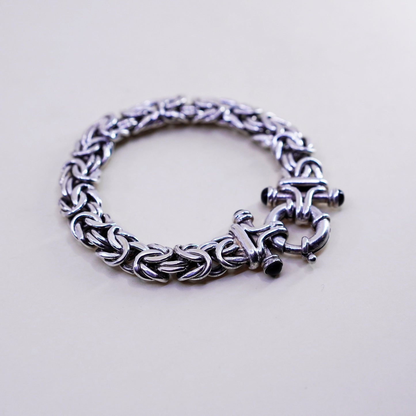 7”, vtg bold Sterling silver handmade bracelet, 925 Byzantine, birdcage chain