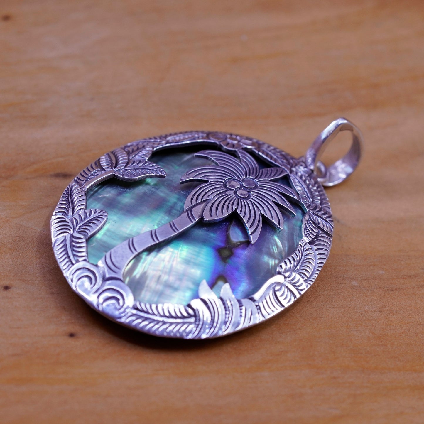 Vintage Sterling 925 silver handmade pendant with oval abalone and Palm tree