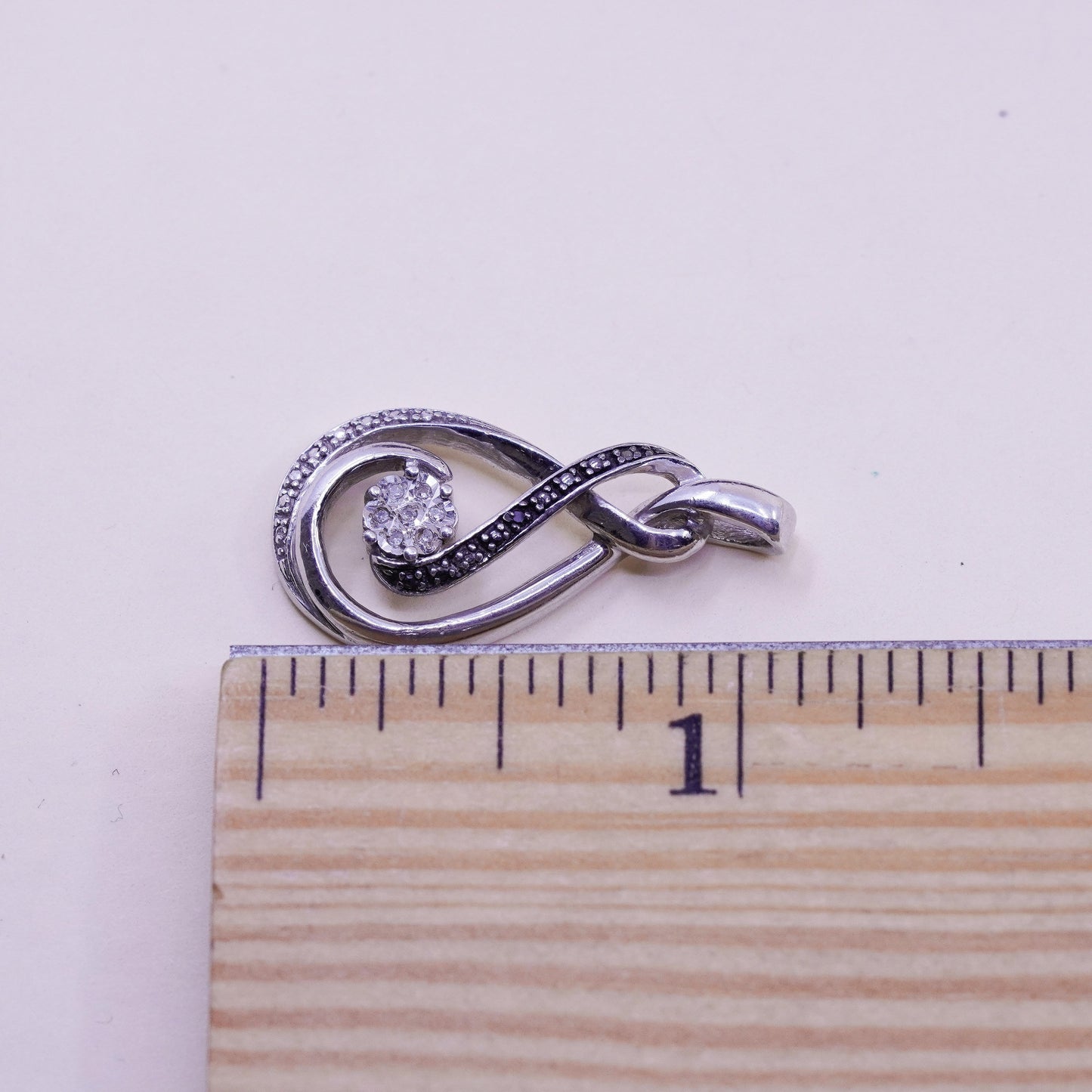 vintage Sterling silver Pendant, 925 entwined teardrop with real diamond