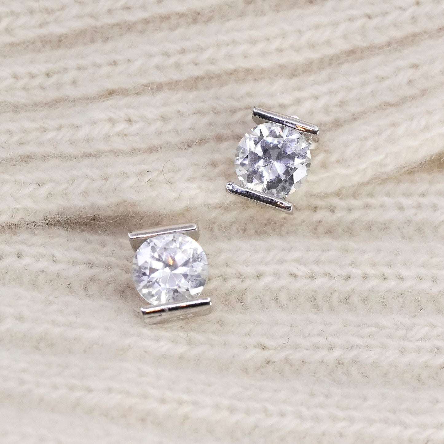 Vintage sterling silver square clear CZ studs, fashion minimalist earrings