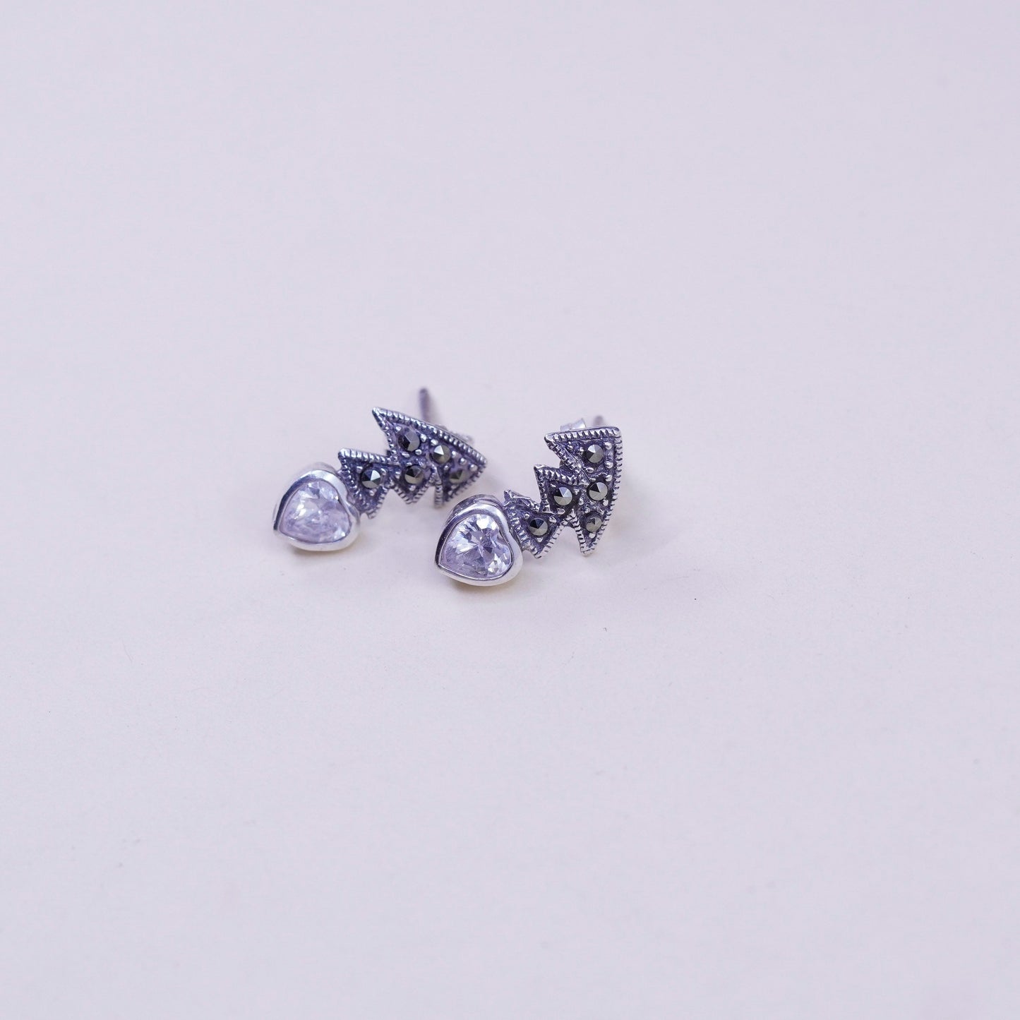 Vintage sterling 925 silver genuine cz studs, minimalist earrings and marcasite