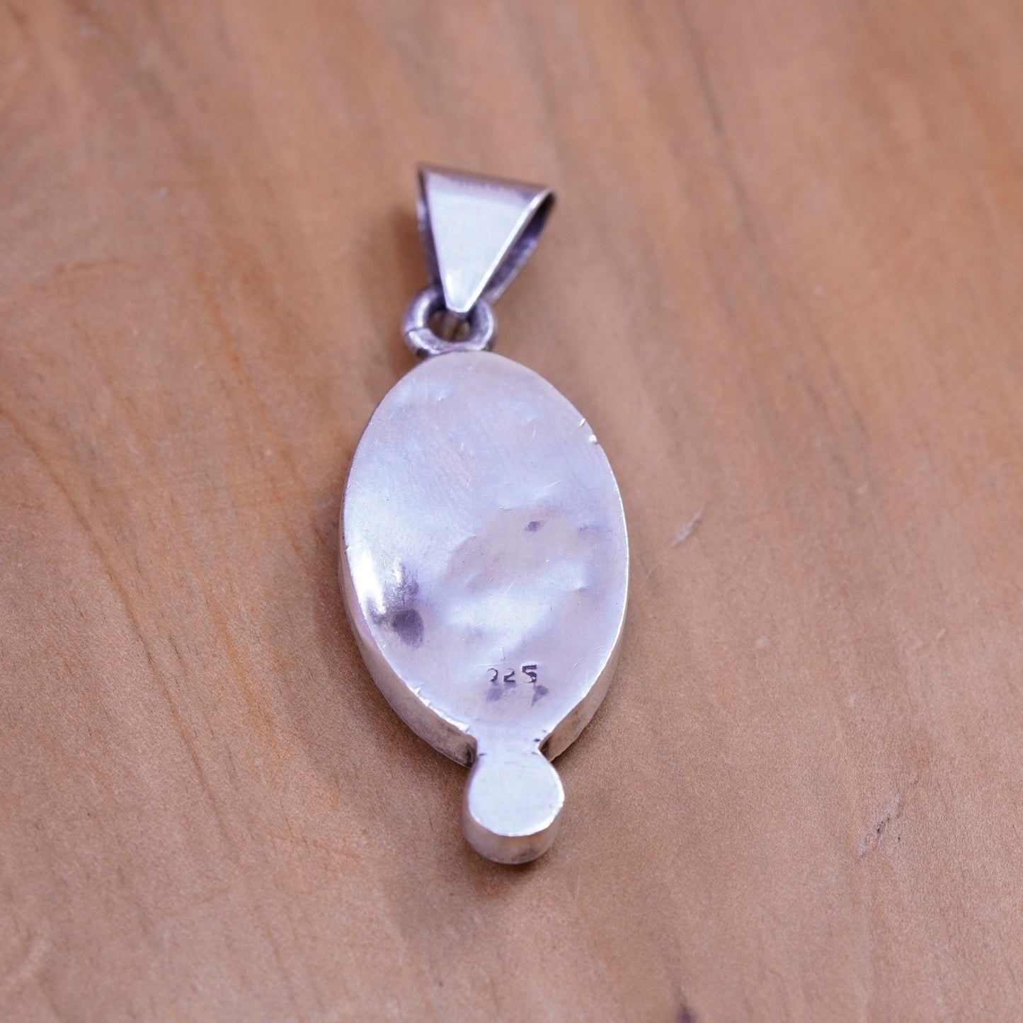 Vintage Mexico Sterling silver handmade pendant, 925 oval charm w/ garnet bead