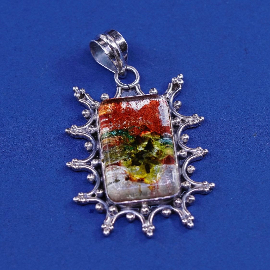 vtg sterling silver handmade pendant, 925 w/ colorful dichroic glass