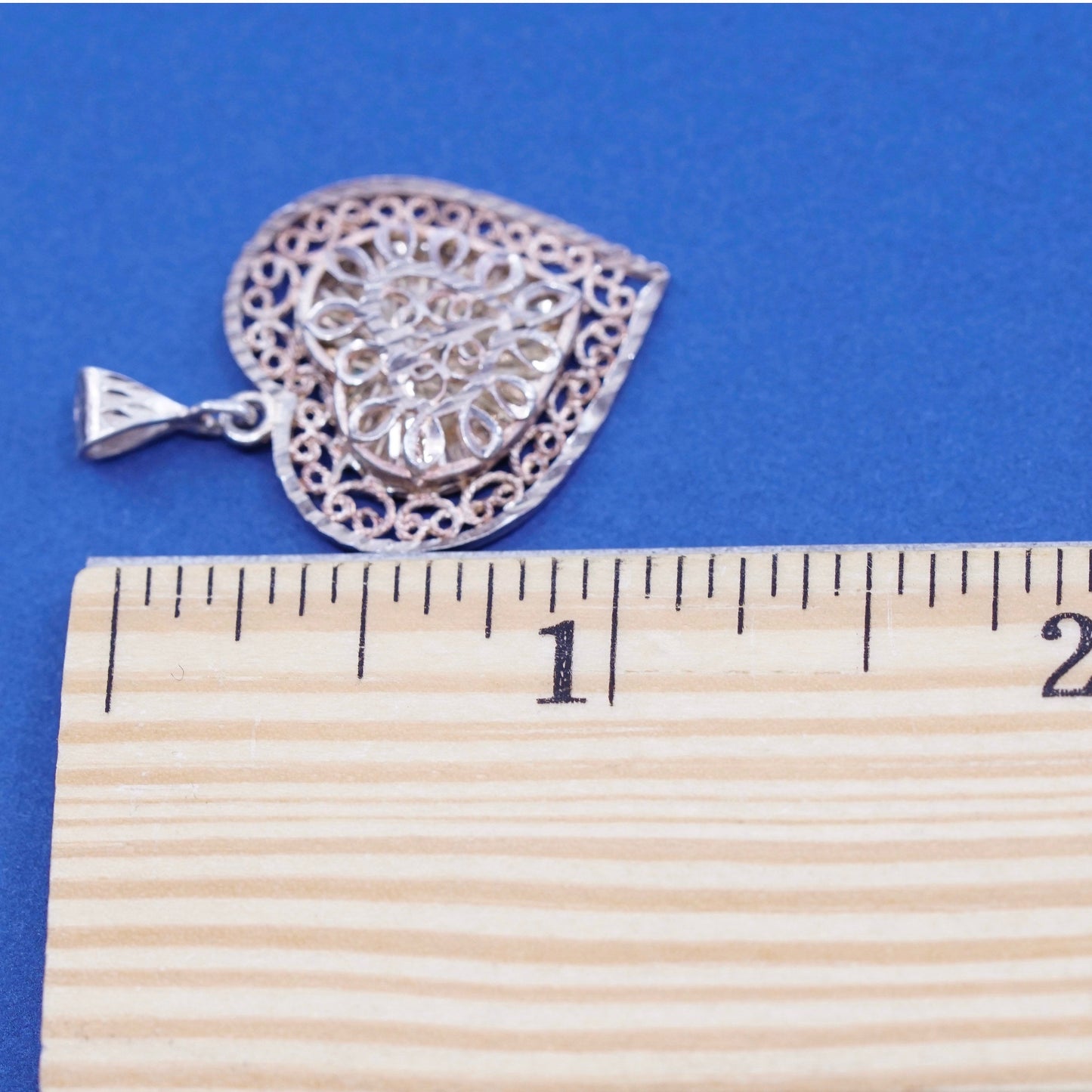 vtg Sterling silver handmade pendant, 925 puffy filigree heart