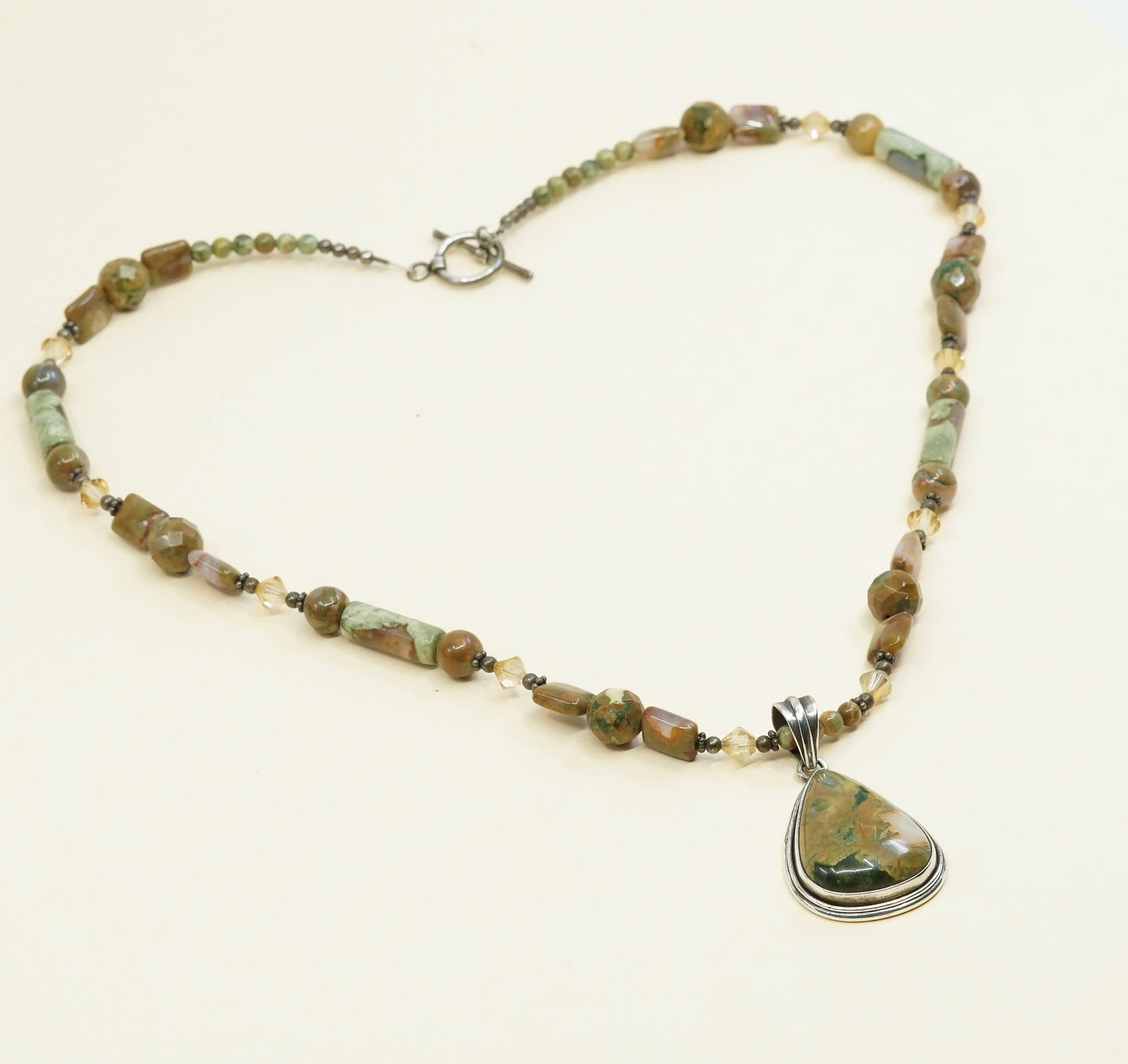 22”, sterling 925 silver handmade necklace unakite N agate beads teardrop agate