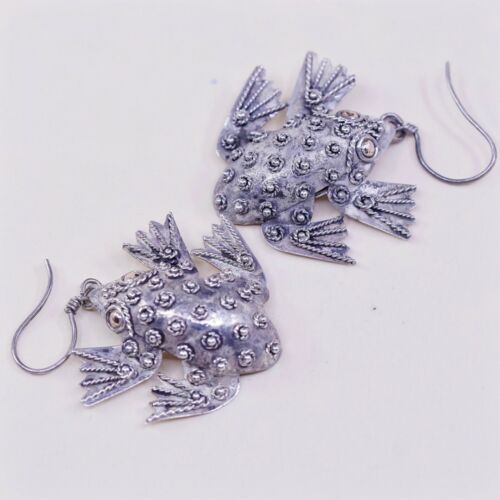 Vtg Sterling Silver Handmade Earrings, 925 Bali Beads Frog Dangles, stamped 925