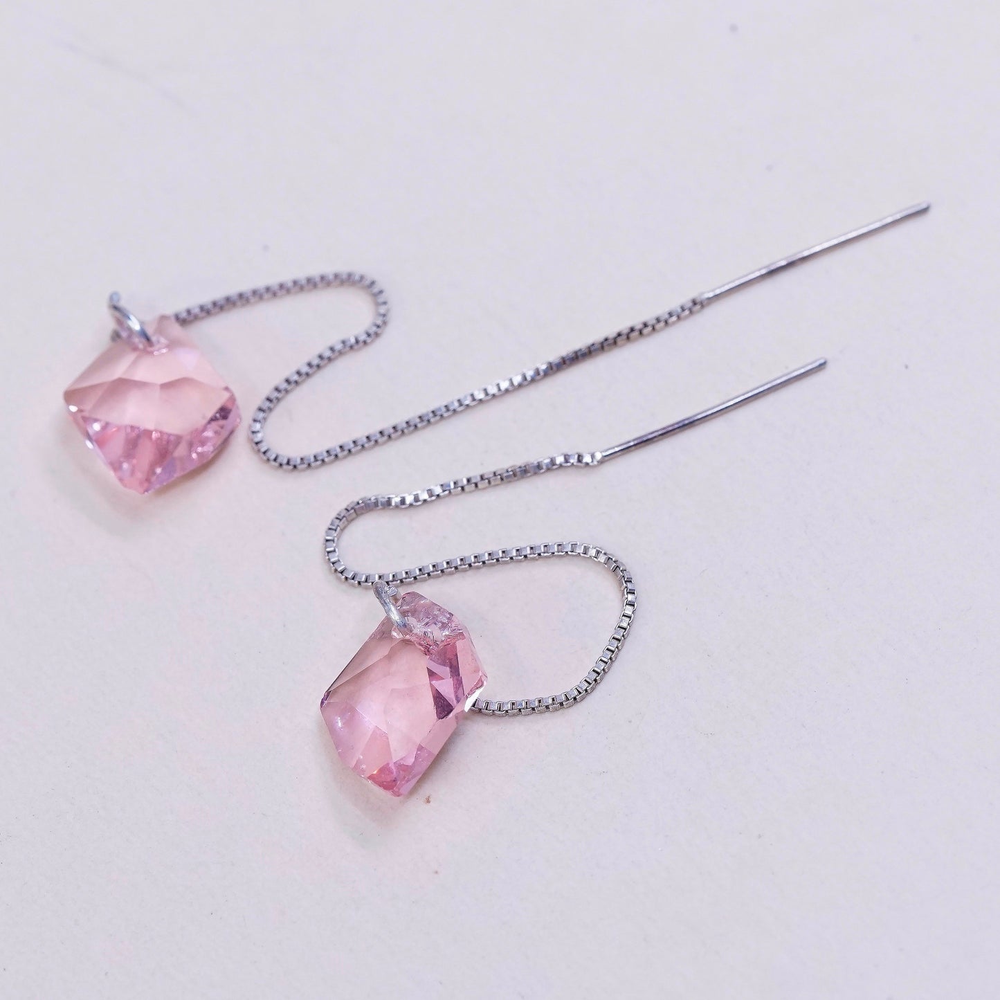 vtg Sterling 925 silver handmade earrings w/ cushion cut light pink crystal