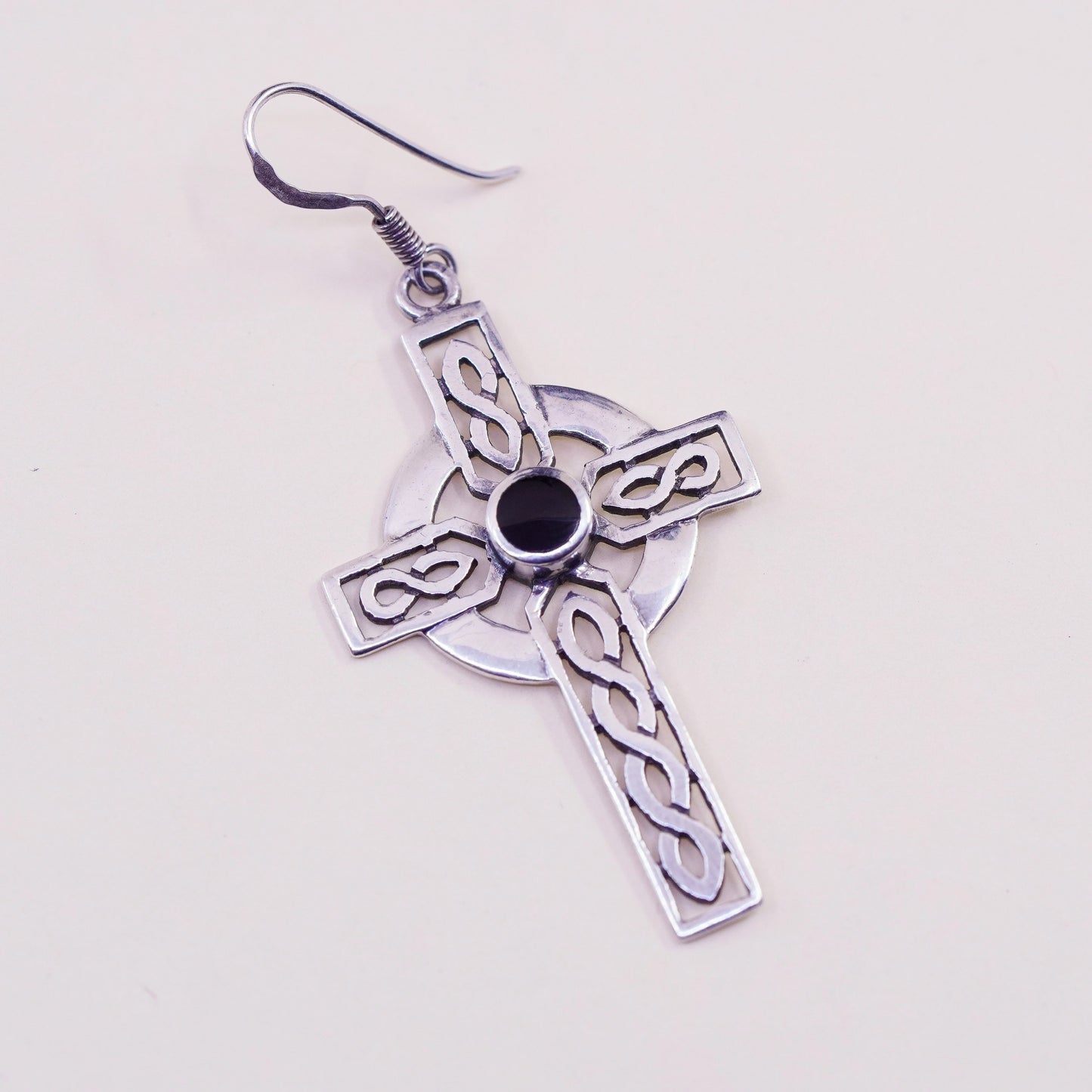 Vintage Irish Sterling silver handmade earrings, 925 cross dangles w/ obsidian