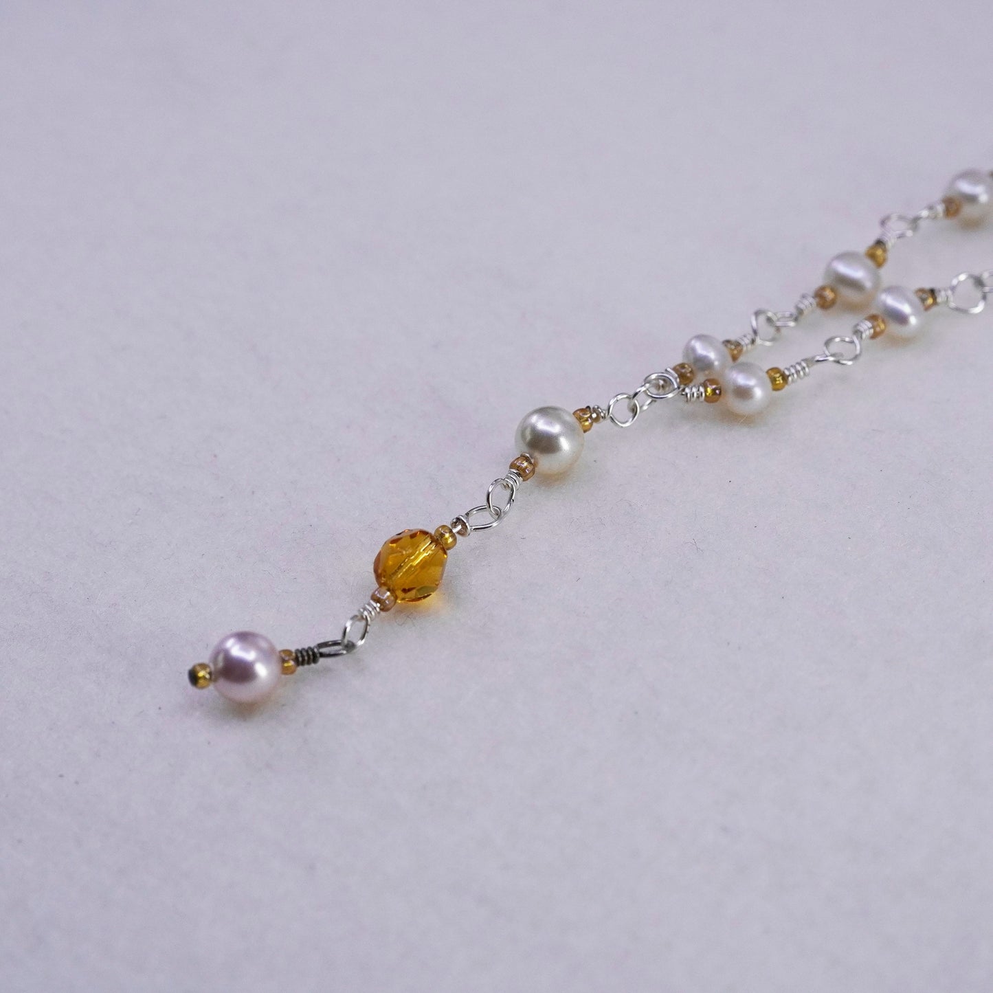 18”, vintage Sterling 925 silver pearl chain necklace w/ pearl citrine pendant