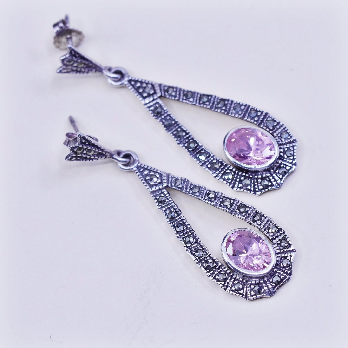vtg Sterling silver handmade earrings, 925 teardrop with pink crystal marcasite