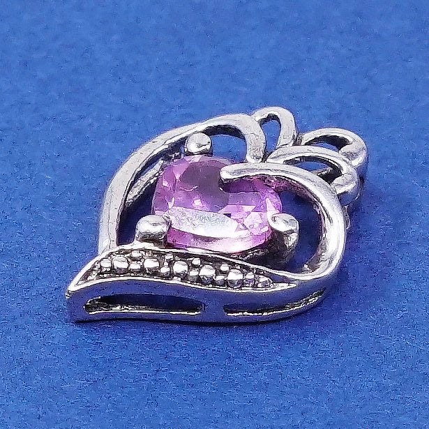 vtg Sterling silver handmade pendant, 925 w/ heart pink crystal