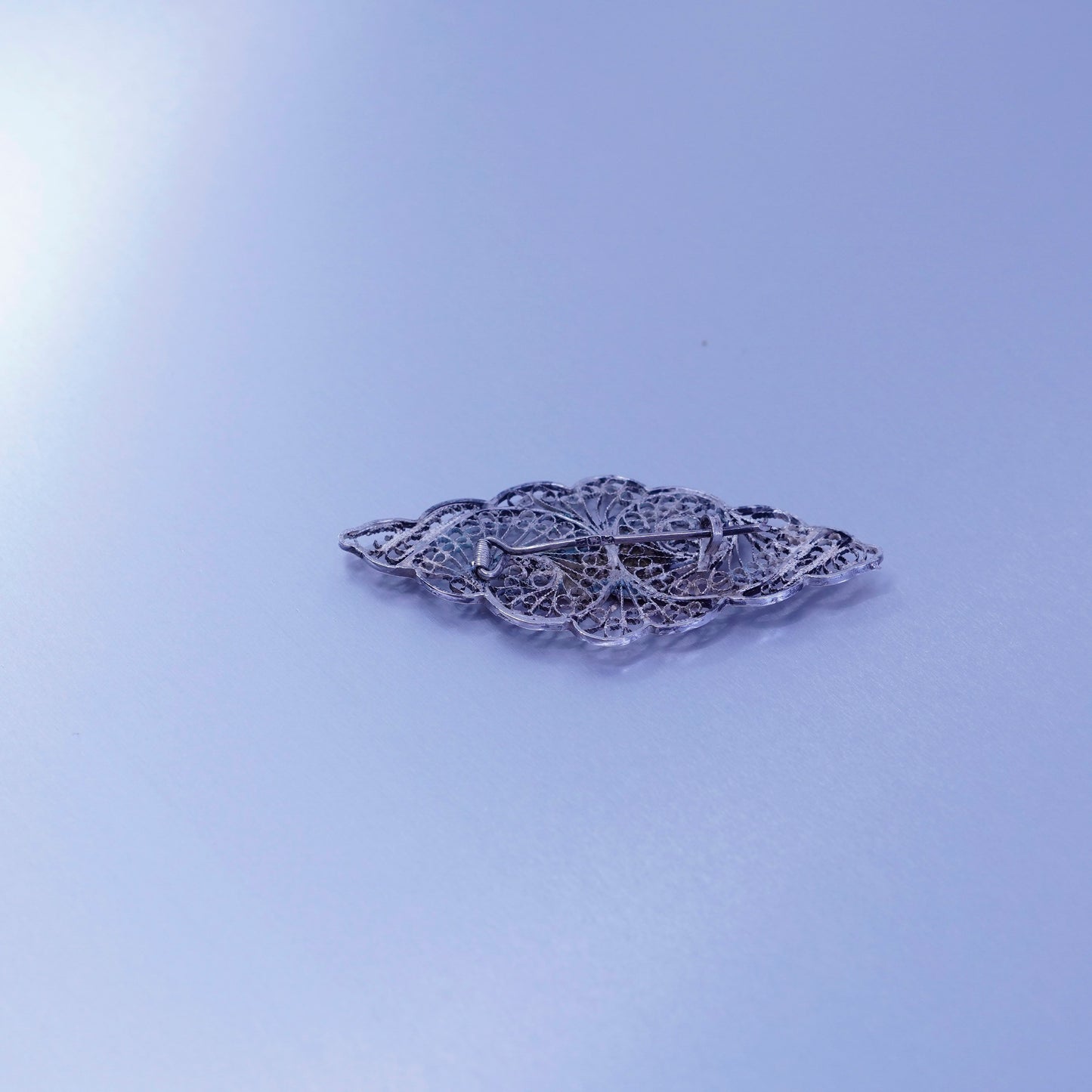 Vintage sterling silver handmade brooch, 925 filigree pin with 14K gold heart