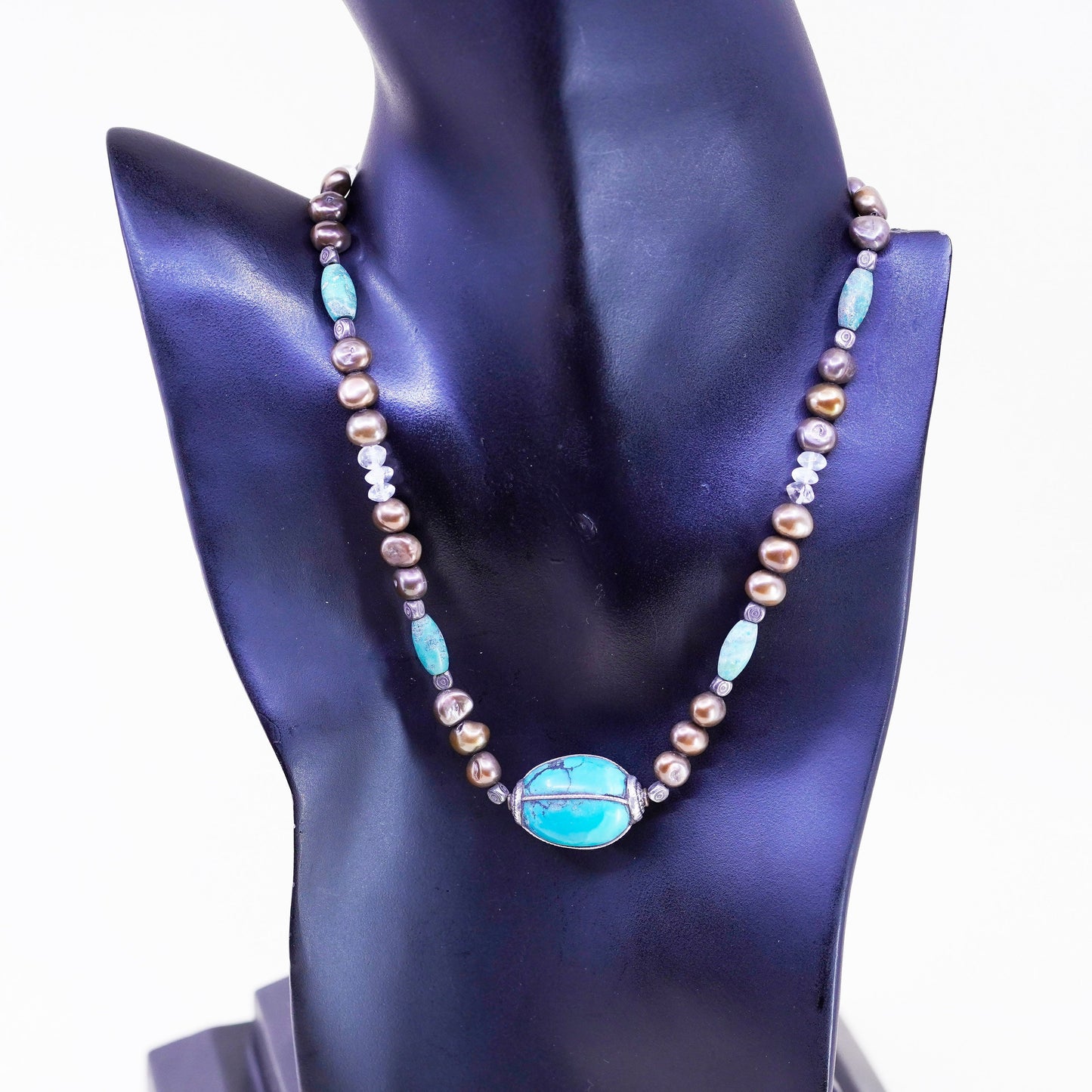 16”, Sterling 925 silver clasp with pearl beads and nugget turquoise pendant