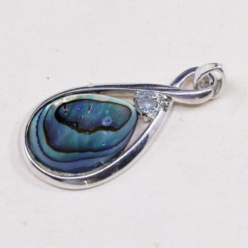 Vtg Sterling 925 Silver Handmade Pendant W/ Teardrop Abalone N Sapphire Detail