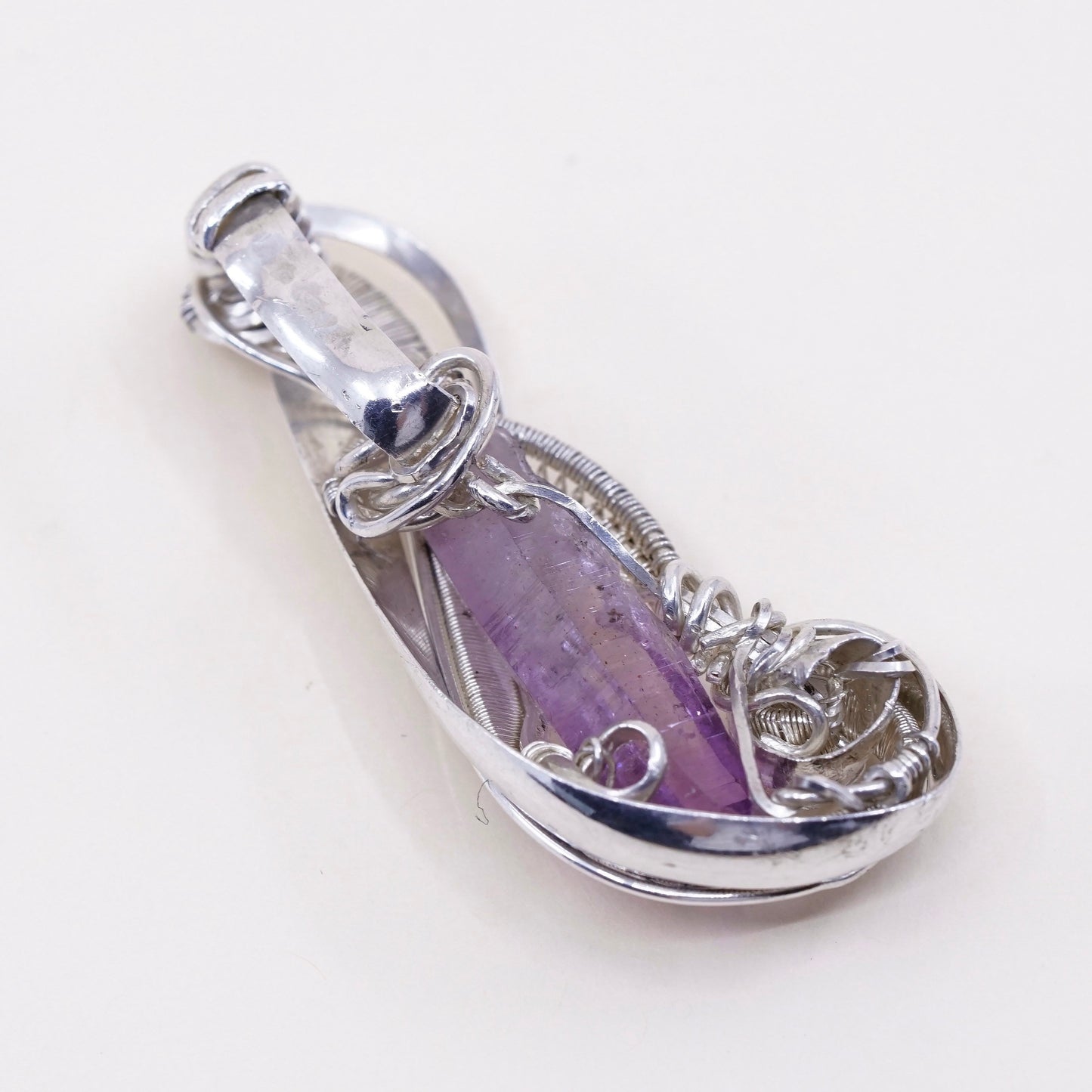 vtg sterling silver handmade pendant, 925 wired with healing amethyst crystal