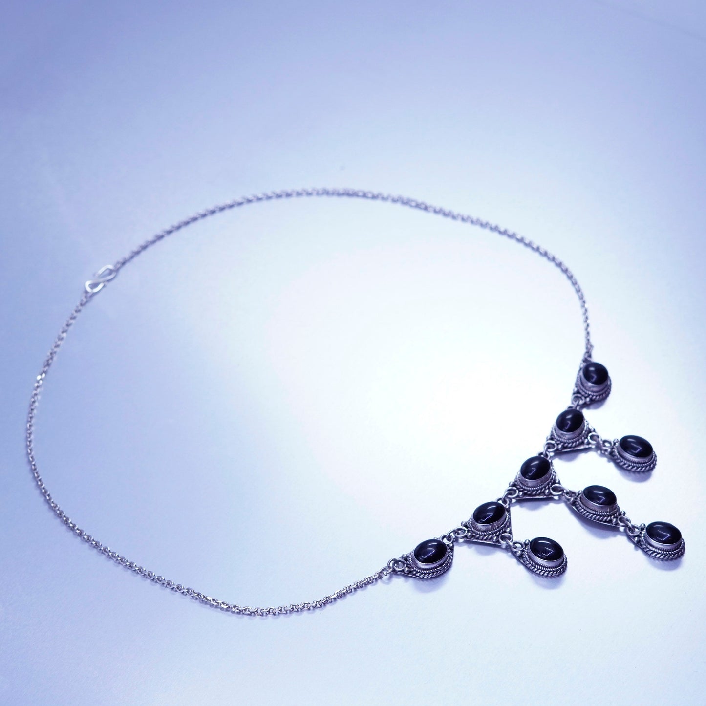 18”, vintage Sterling 925 silver handmade circle chain necklace obsidian cable