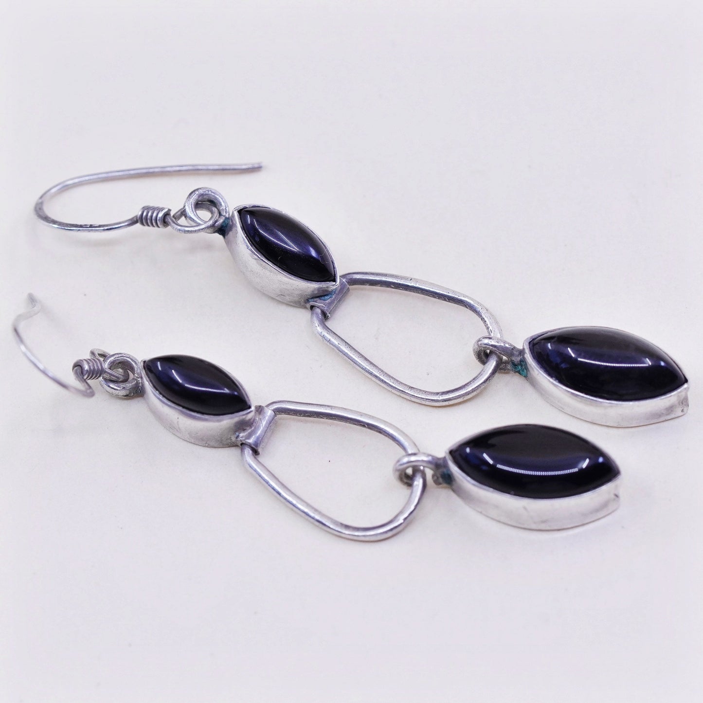 sterling 925 silver earrings, Marquise shaped black onyx, handmade southwestern
