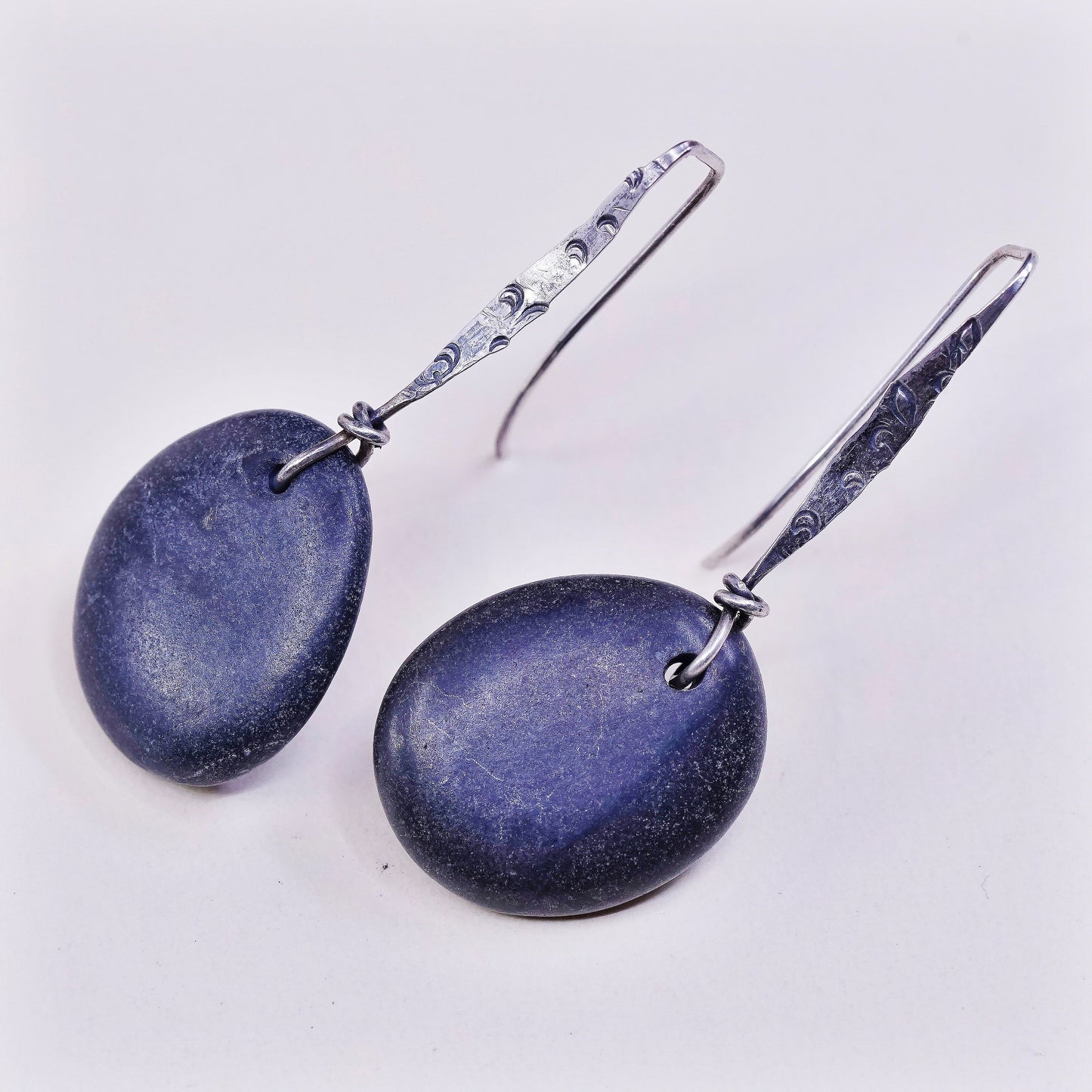 vtg sterling silver handmade earrings, 925 w/ pebble stone Dangles
