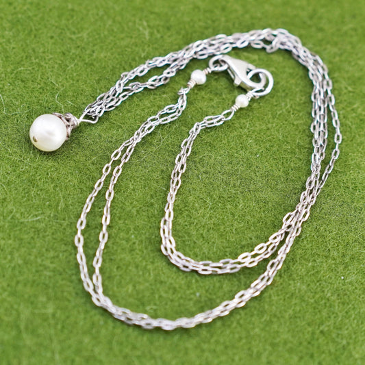 16”, sterling 925 silver handmade necklace, double flatten circle chain pearl