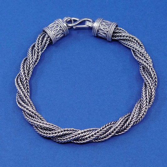 7.5”, 7mm, vtg Sterling silver handmade bracelet, 925 twisted wheat chain