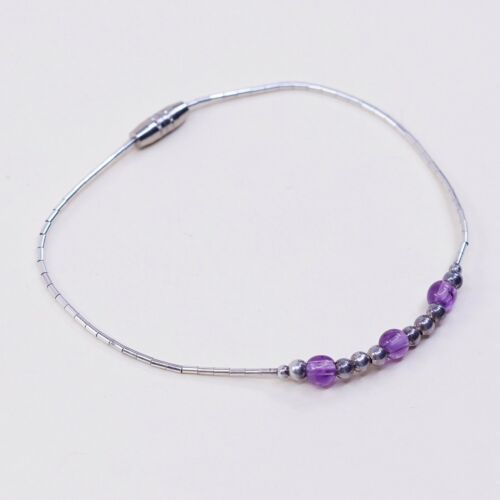 7”, Vtg Sterling 925 Handmade Liquid Silver bracelet With Amethyst Beads