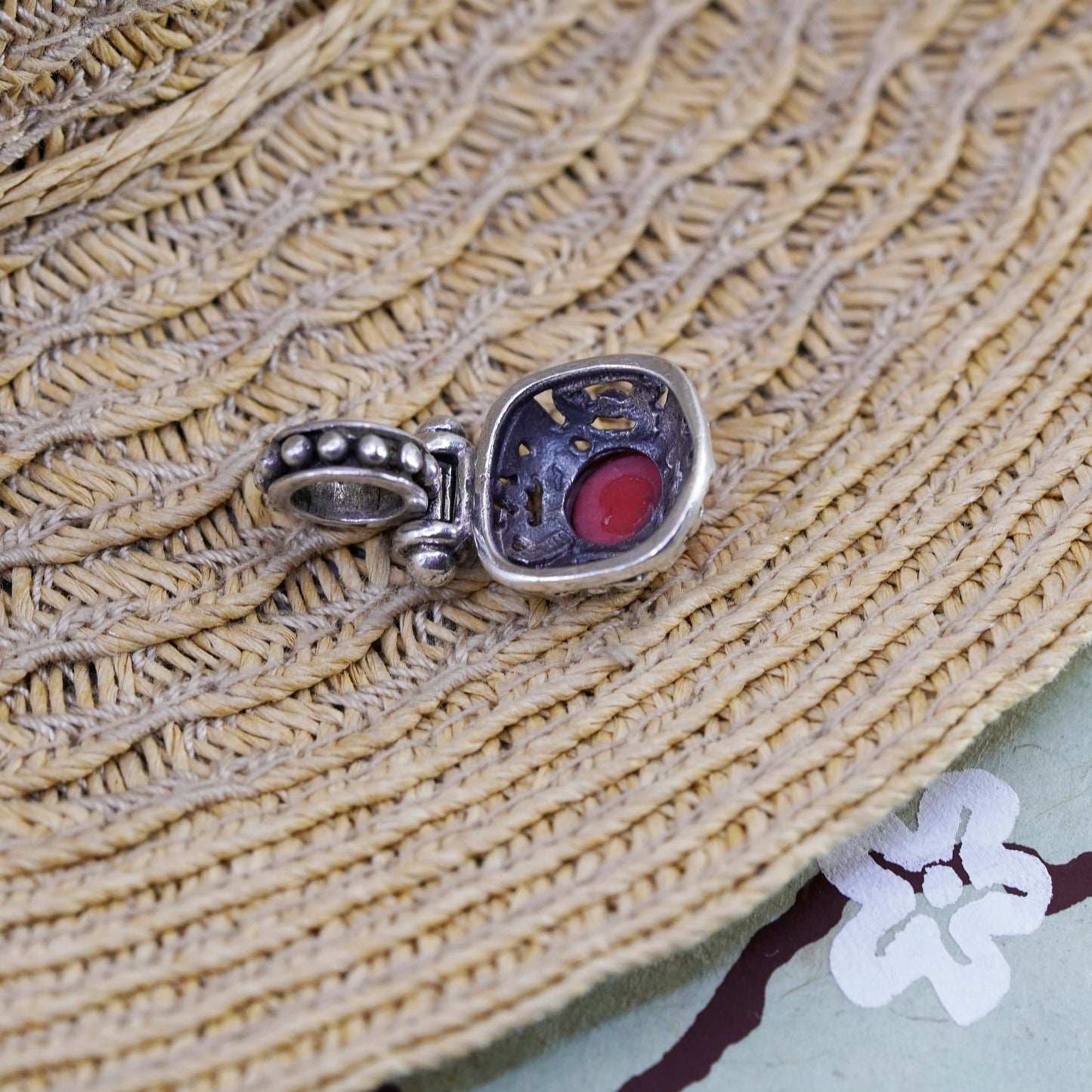 Vintage Sterling 925 silver handmade pendant red onyx and beads