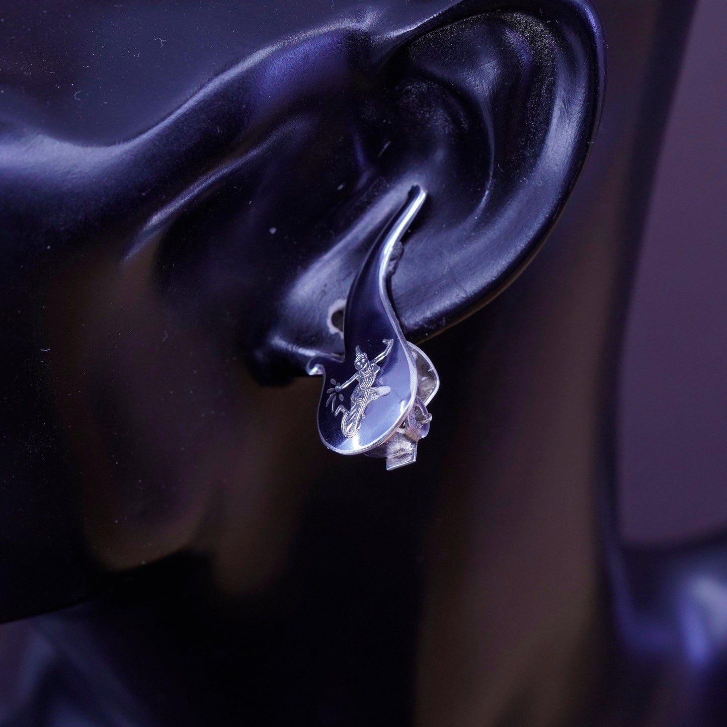 Siam sterling silver clip on earrings, 925 teardrop earrings, niello, Siam