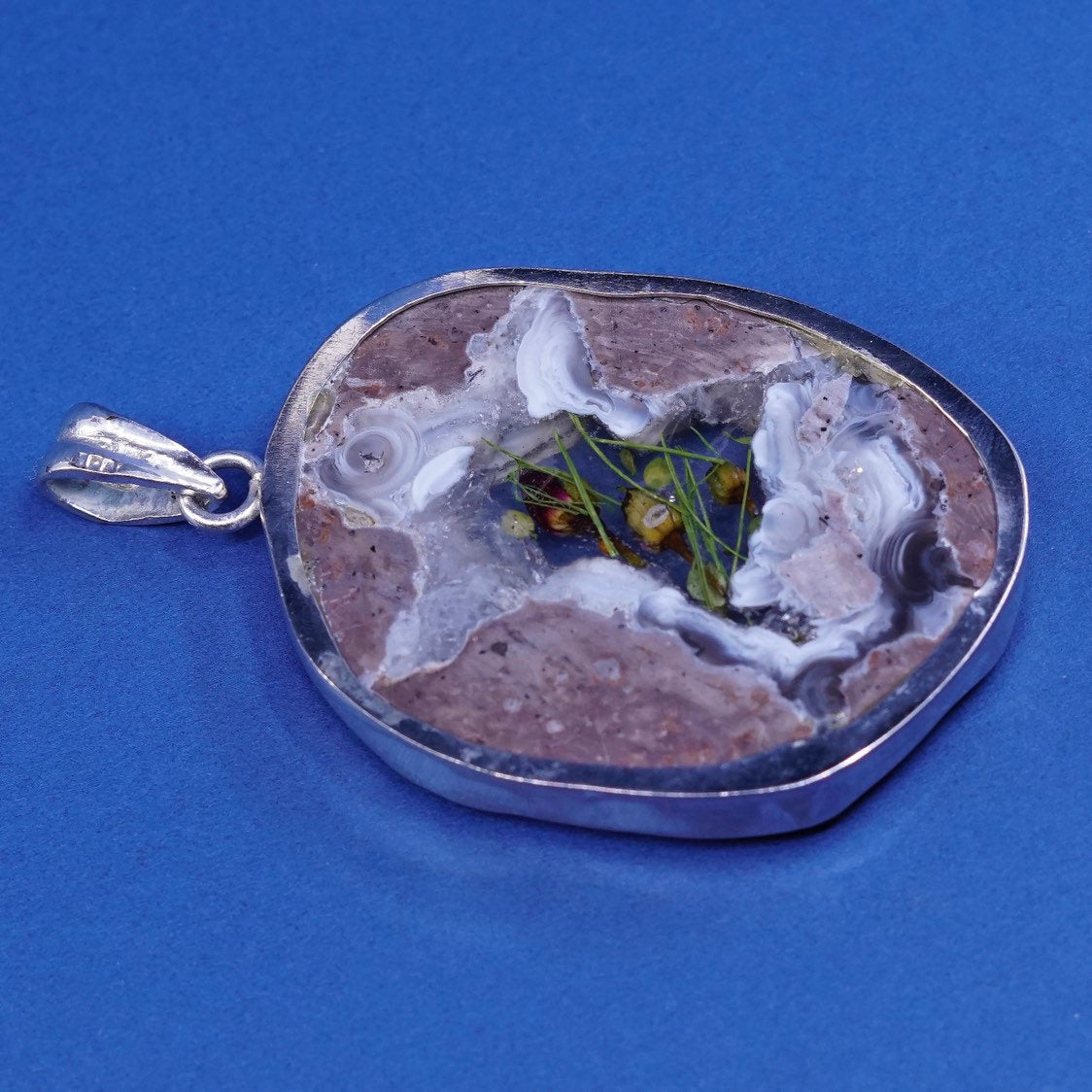 vtg Sterling silver handmade pendant, 925 pendant w/ agate N resin flower