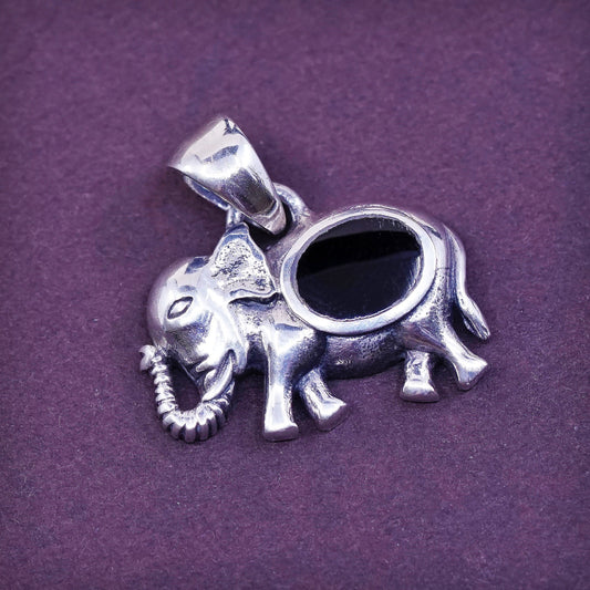 vtg Sterling silver handmade pendant, Mexican 925 elephant N obsidian