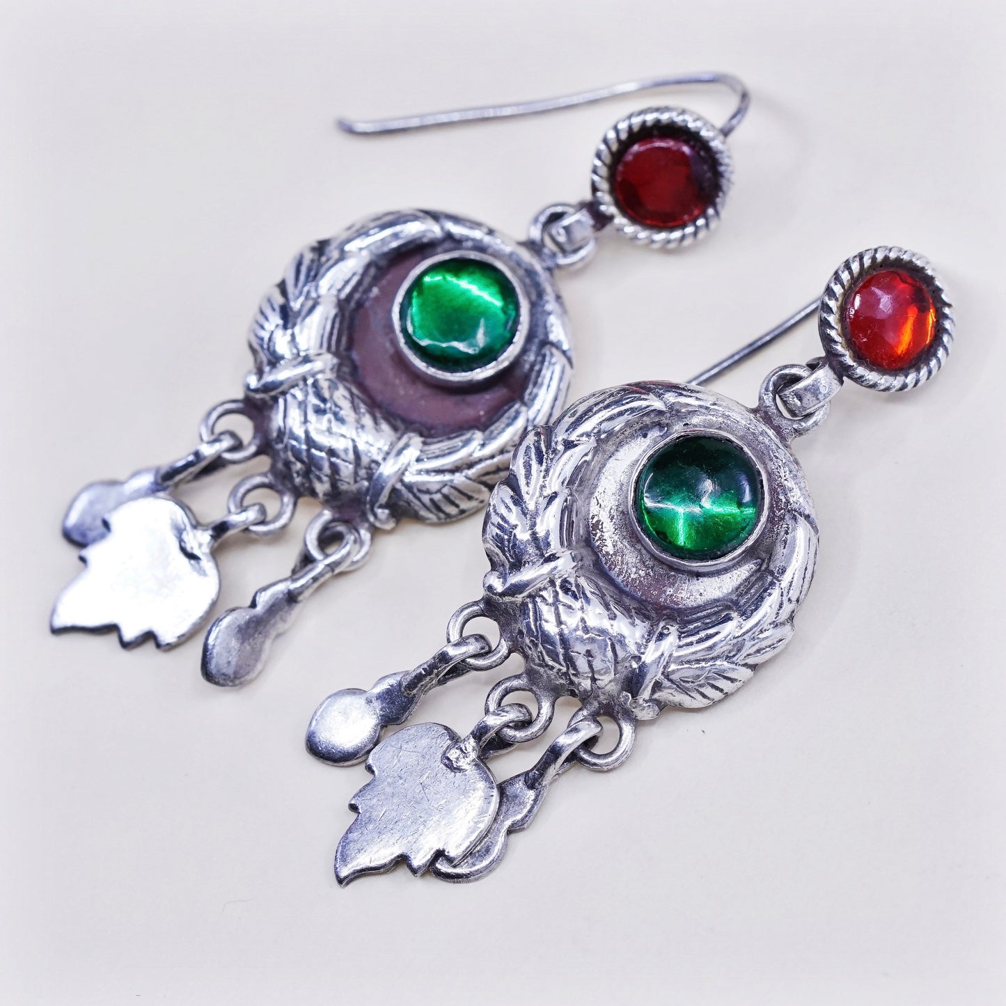 vtg Sterling silver handmade earrings, southwestern 925 disc w/ glass charms