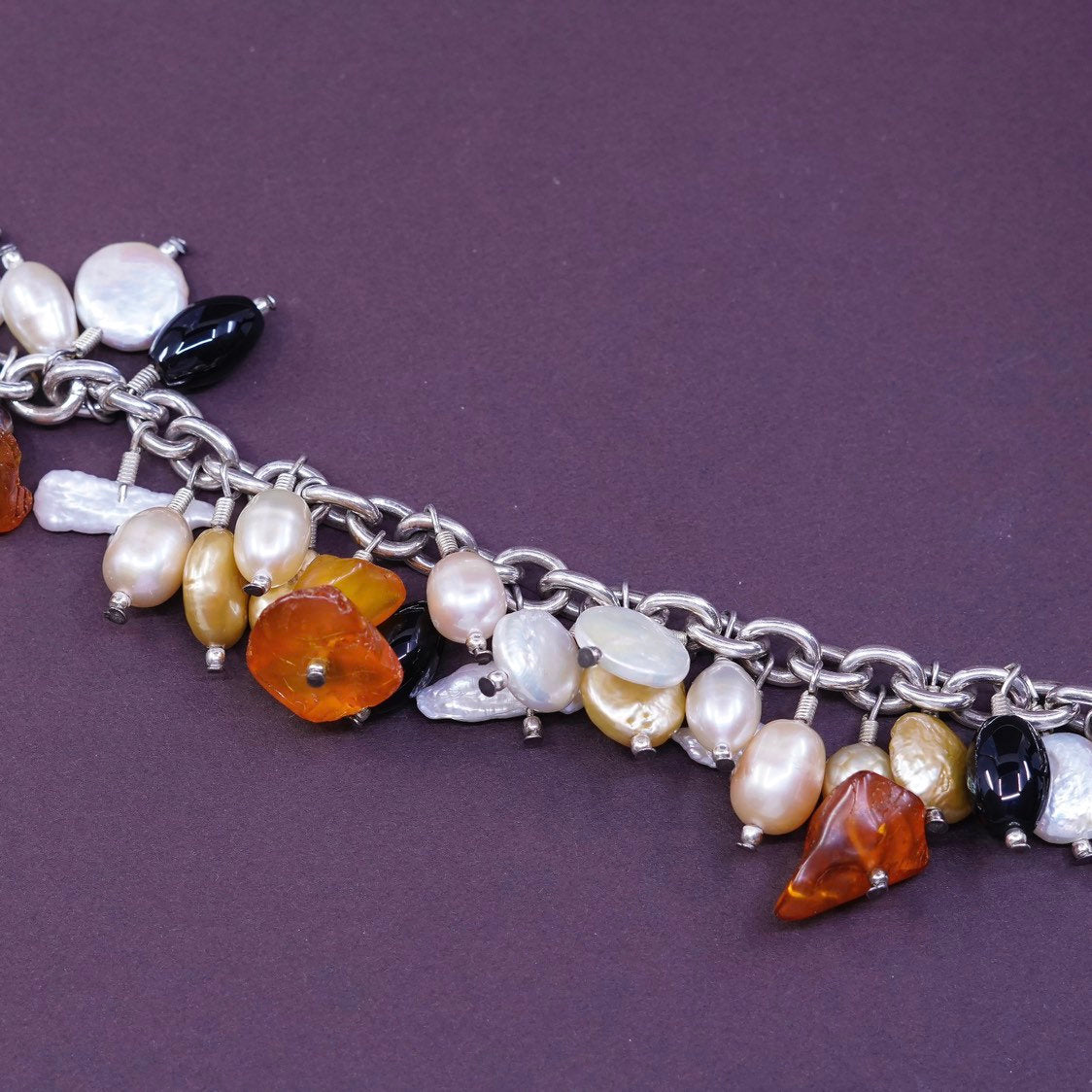 7.25", Sterling silver bracelet, 925 circle chain w/ pearl N amber obsidian