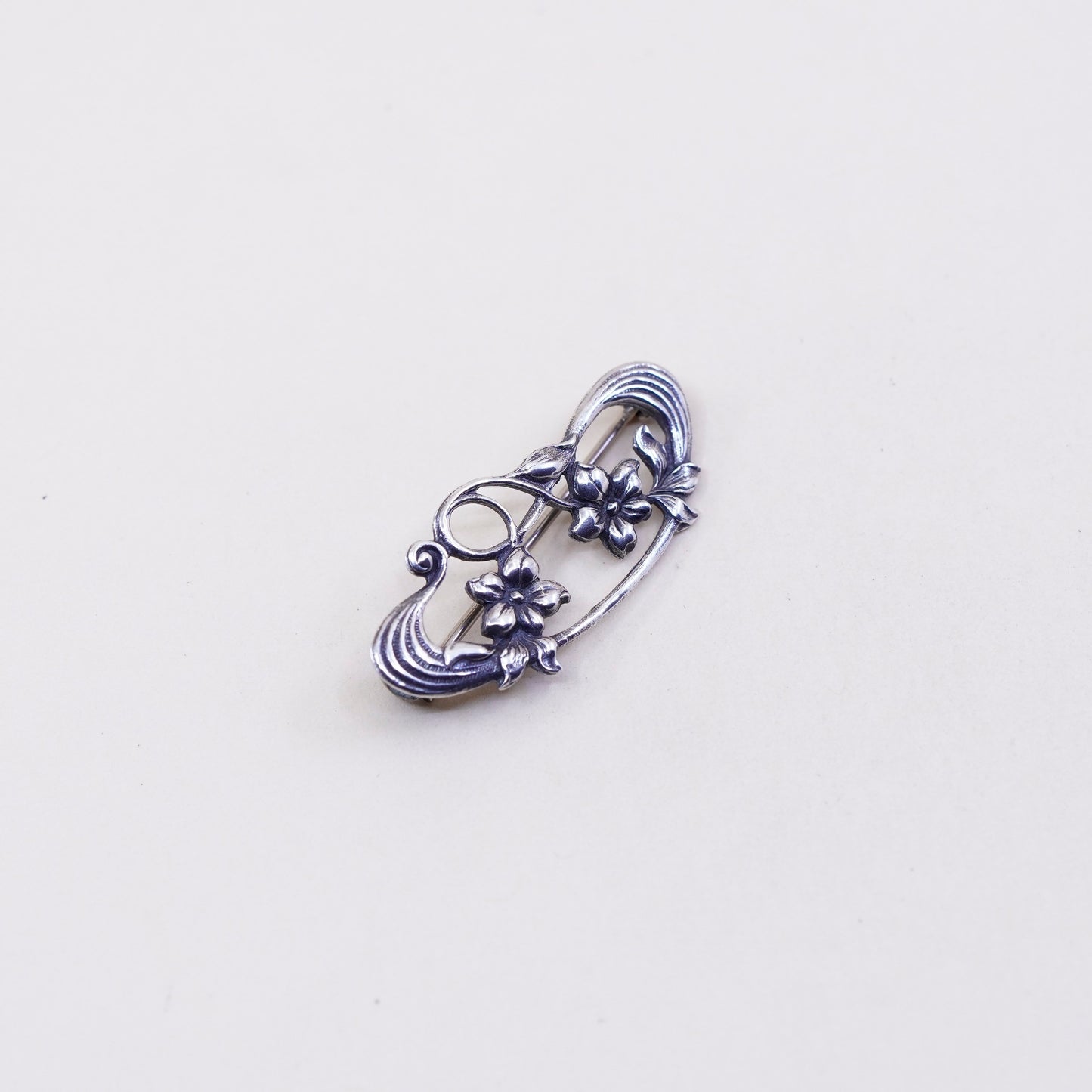 Vintage extra long sterling silver handmade brooch, 925 flower pin