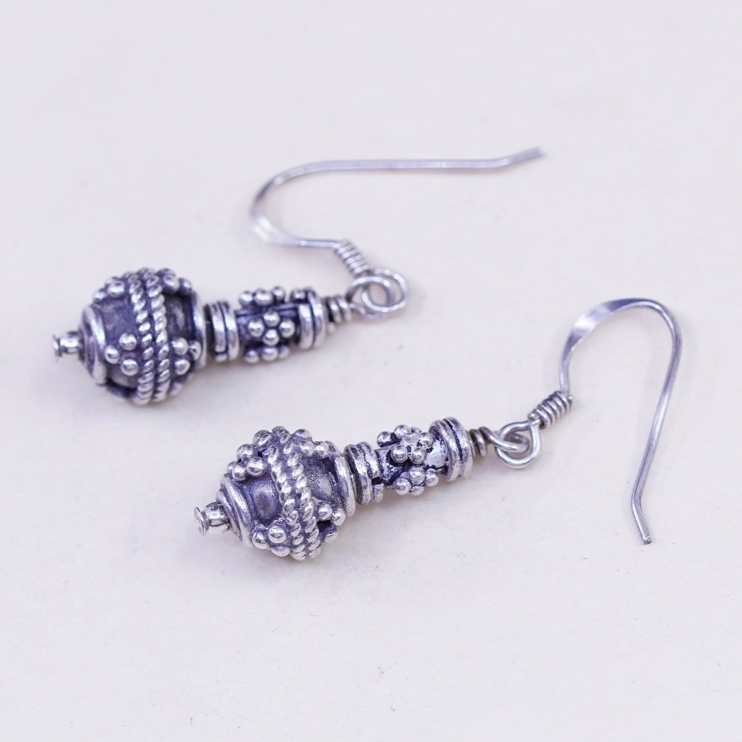 Vintage Sterling silver handmade Bali earrings, teardrop 925 swirl bead