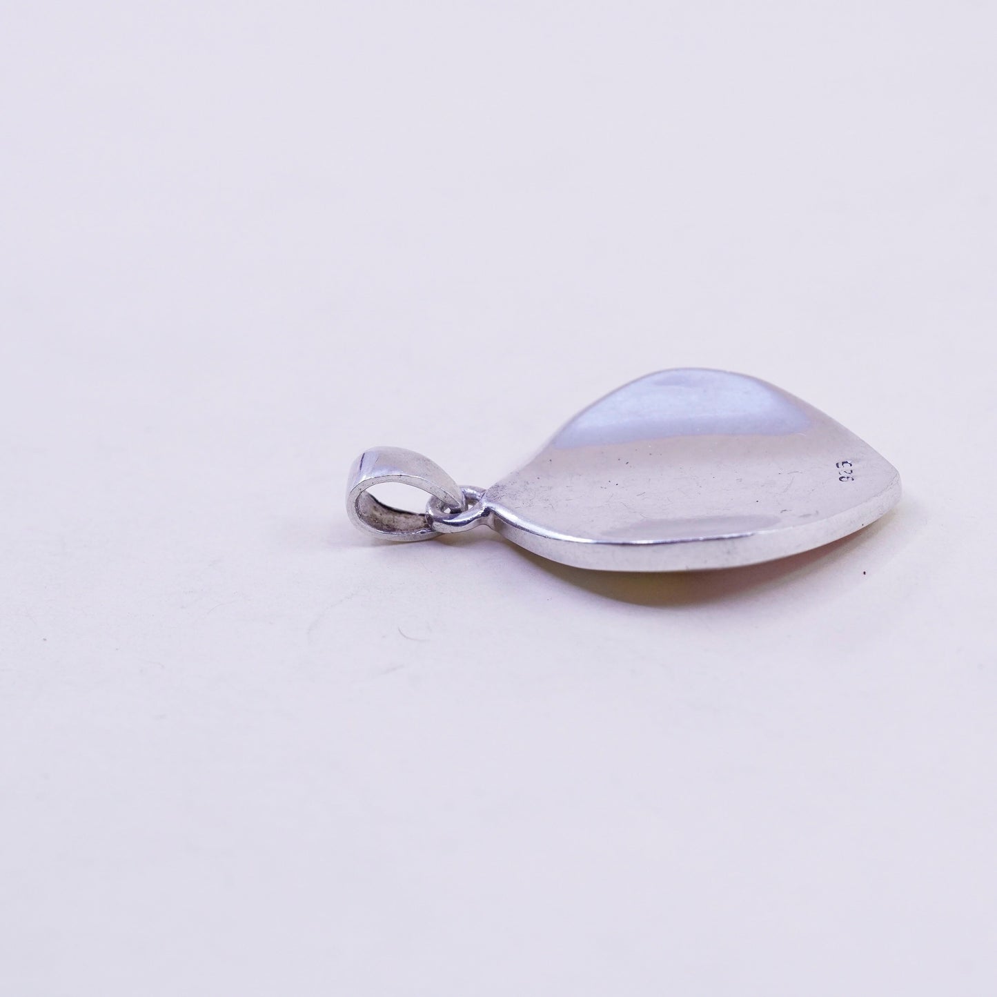 Vintage sterling silver pendant, 925 leafy handmade charm with mother of pearl