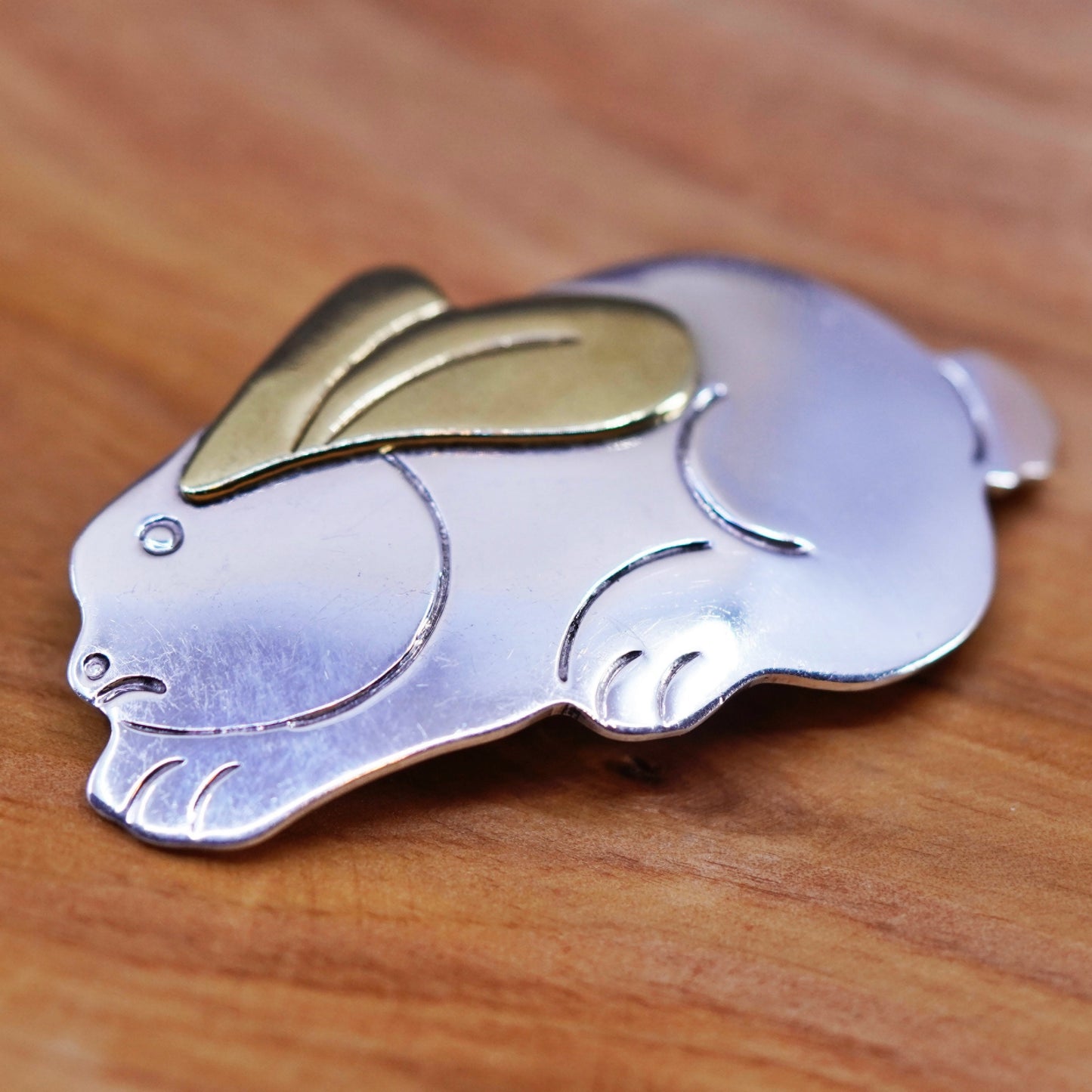 Vintage two tone mexico Laton sterling 925 silver rabbit bunny brooch pendant