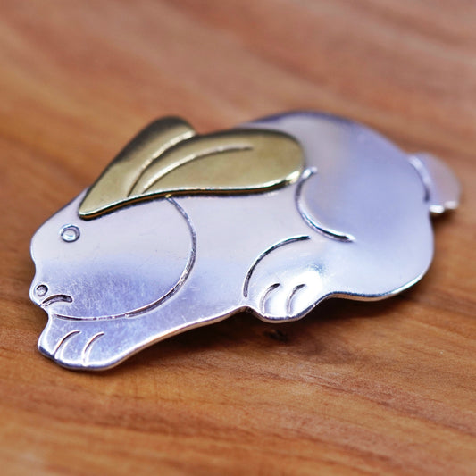 Vintage two tone mexico Laton sterling 925 silver rabbit bunny brooch pendant